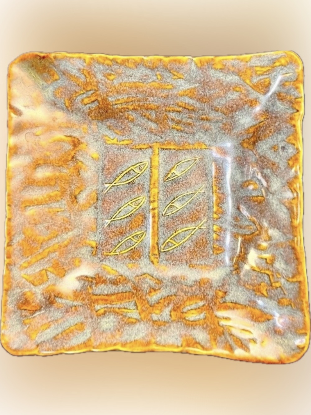 Artisan Signed Studio Pottery Christian Fish Trinket Dish Square Tray 4.5"